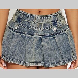 Fashion Nova Washed Denim Pleated Mini Skirt
